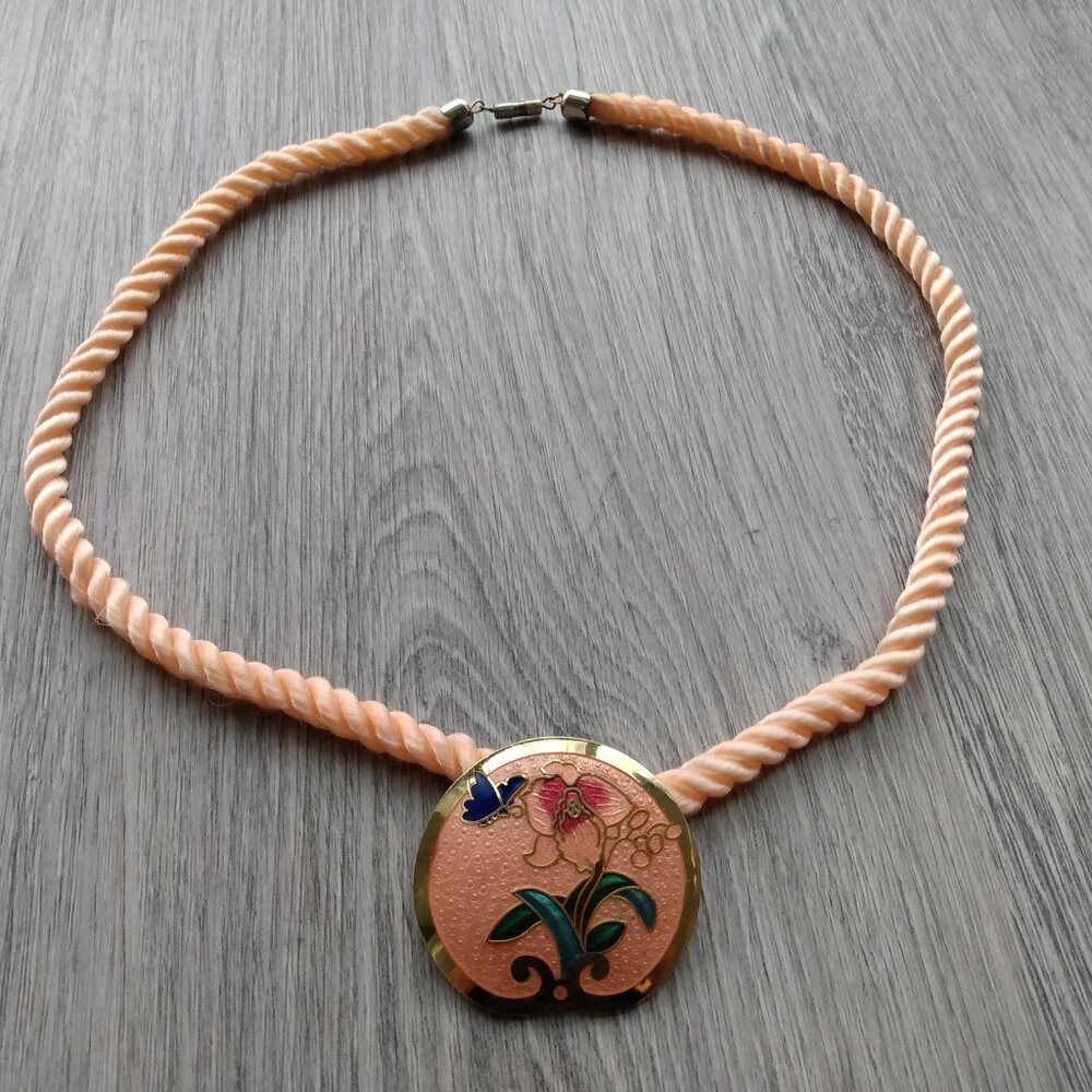 Vintage Cloisonne Rope Necklace Peach Orchid Floral Flower Butterfly Taiwan